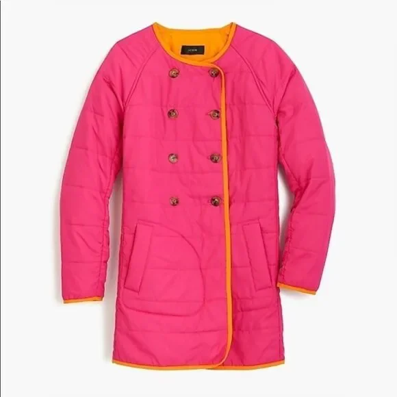J. CREW “Fuschia Blossom” Reversible Collarless Puffer Jacket